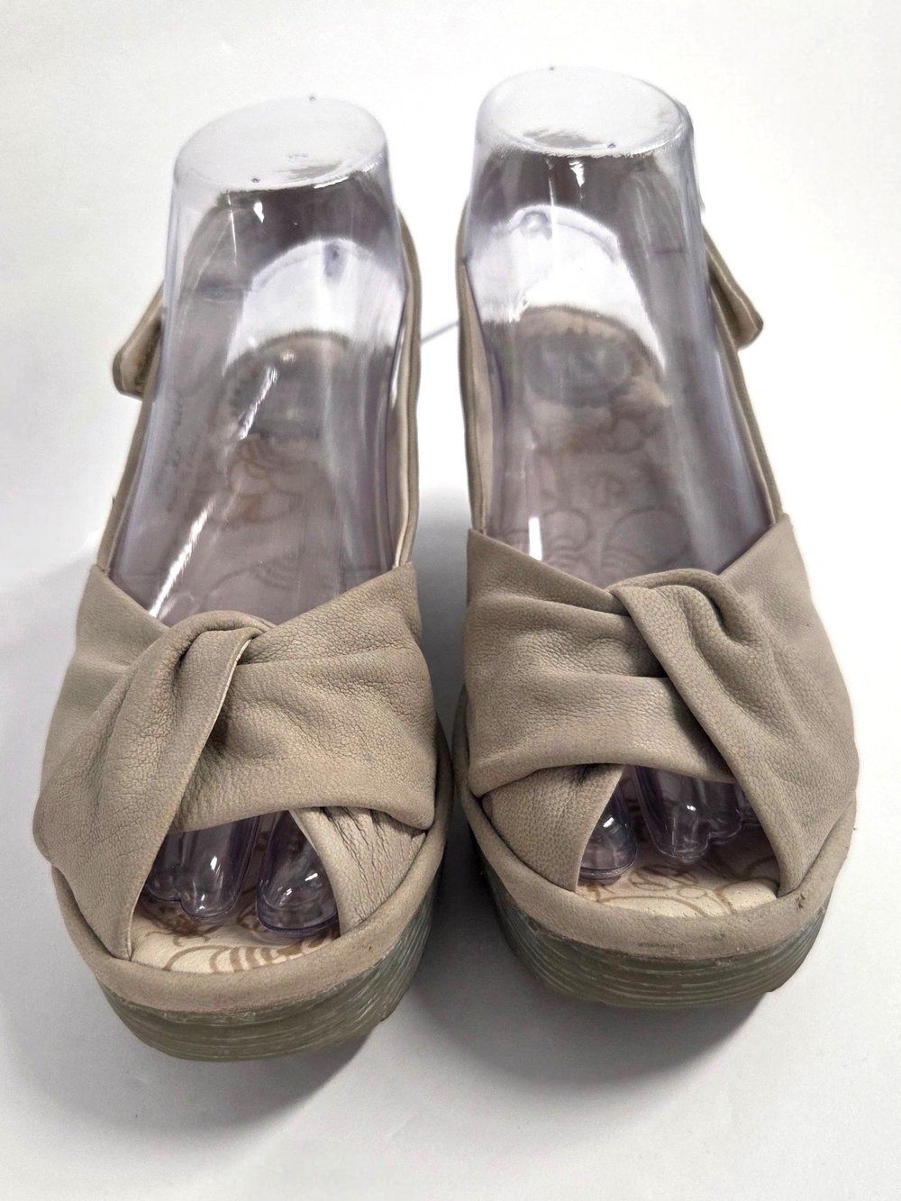 FLY London YAKIN Leather Wedge Sandals Taupe Beige Peep Toe Platform 37 US 6.5/7